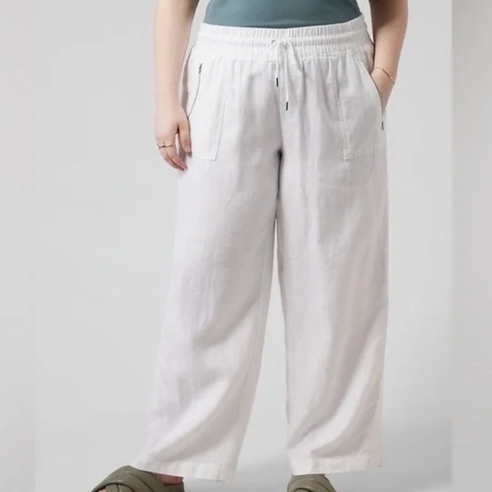 ATHLETA - Cabo Wide Leg Mid Rise Relaxed Fit White Linen Pant - 22